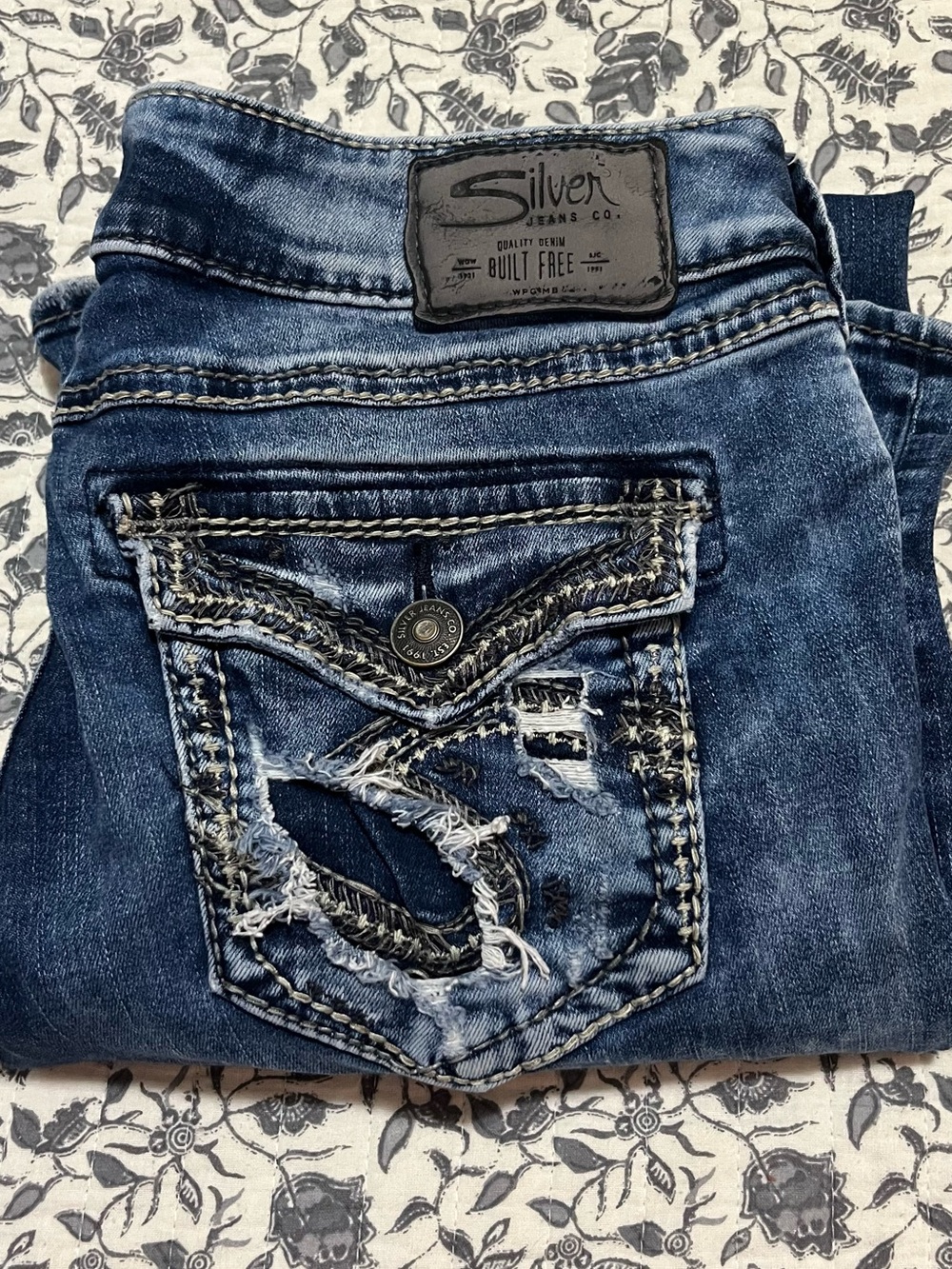 Silver Jeans Dark Blue Distressed Pocket Denim , slim boot